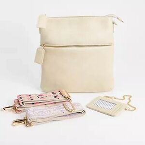 AhDorned Cream Purse Faux Leather Front & Back Gold Zippers 2 Embroidered Straps